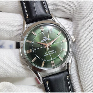 Vintage 1975 Roamer Manual Mens Silver Watch W/Leather Strap & Green accents